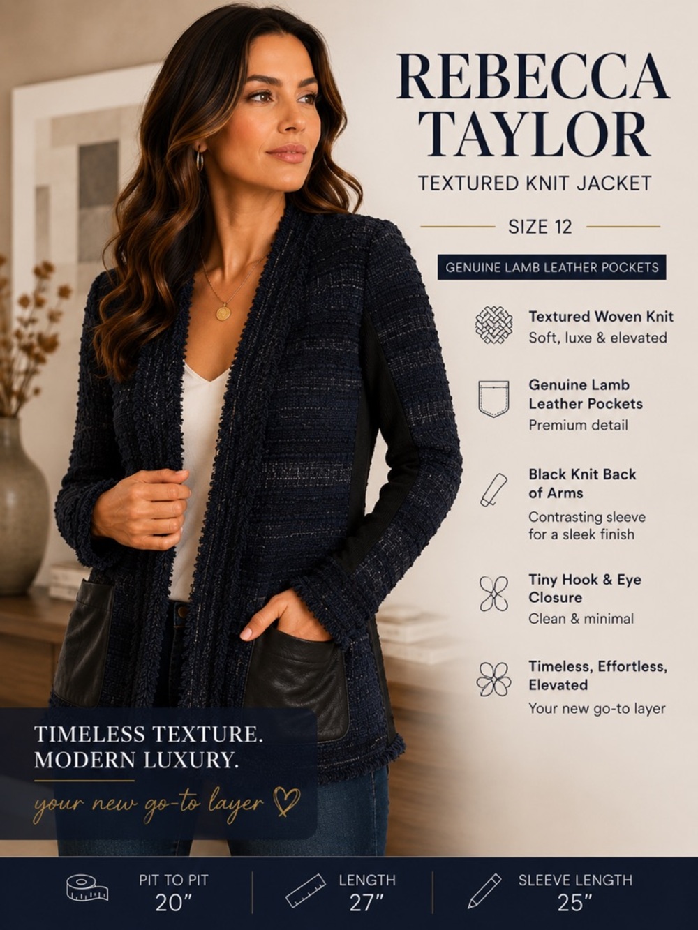 Rebecca Taylor Textured Knit Jacket Size 12 Wool Blend Lamb Leather Pocket Trim